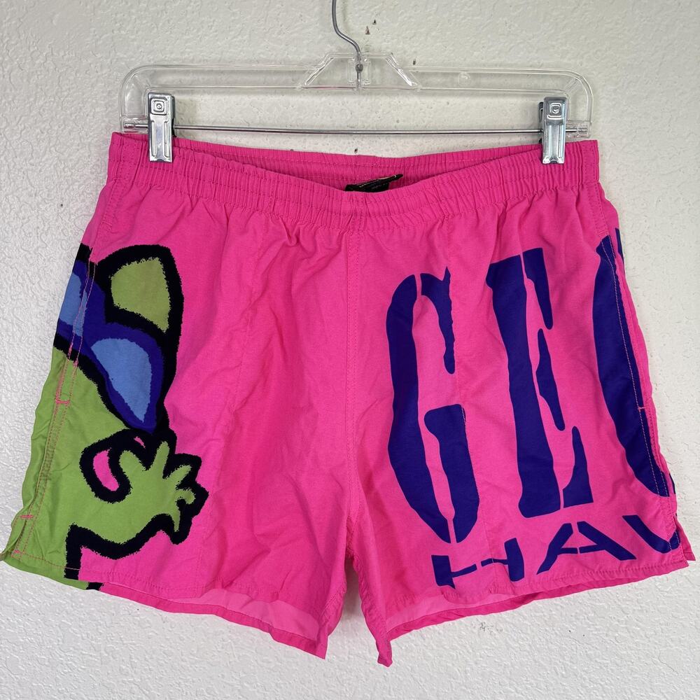 Vintage Gecko Hawaii Shorts Mens Medium Swim Trunks Surf Neon Graphic Lizard 90s
